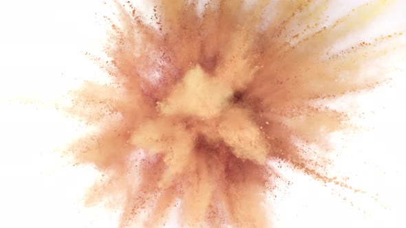 Super Slow Motion Shot of Brown Powder Explosion Isolated on White Background at 1000Fps alt
