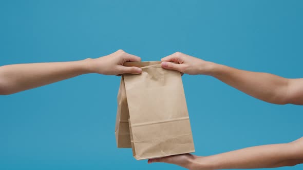 Young woman hand hold brown clear empty blank craft paper bag food for takeaway.