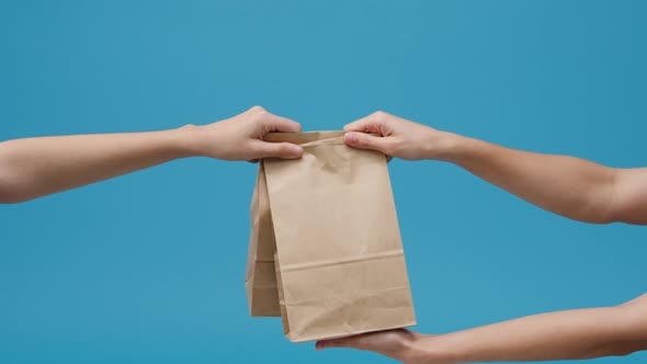 Young woman hand hold brown clear empty blank craft paper bag food for takeaway. alt