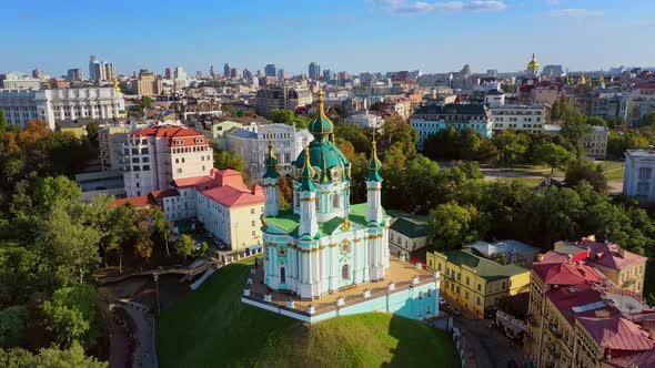 Aerial Drone Video Famous St. Andrews Church and Panorama of Kyiv, Ukraine alt