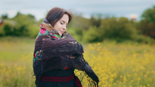 Young Stylish Woman Attractive Girl Spend Time Alone Outdoors Wears Ukrainian Traditional Dress alt
