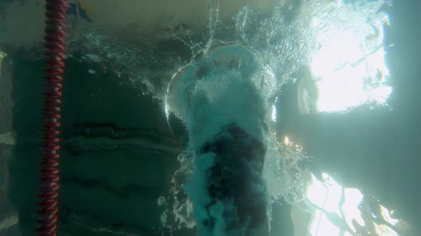 Reflection on the Water in an Indoor Swimming Pool As a Person Dives in Causing Turbulence and Air alt