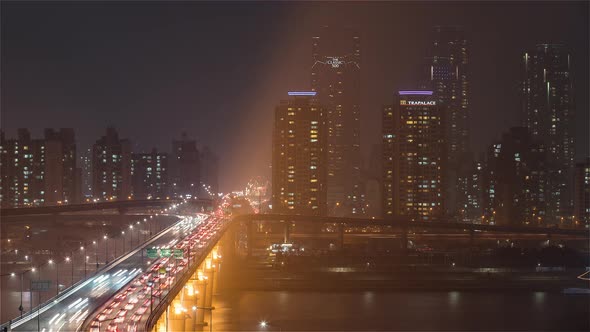 Seoul, Korea, The traffic over the Cheongdam Bridge in Seoul at Night