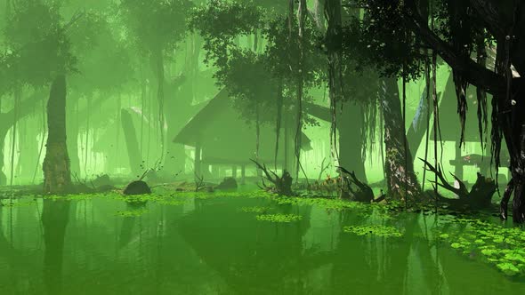 Houses Standing On The Water In The Tropical Jungle alt