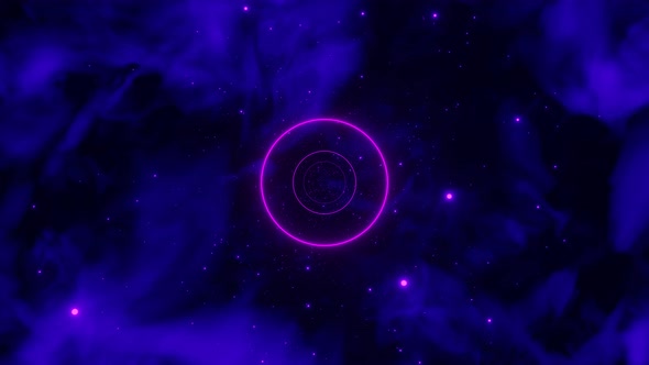 Infinite Fly in Abstract Circles Neon Glow Tunnel with Nebula Background