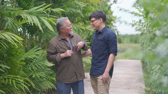 Cheerful senior Asian father and middle aged son walk in the park, happiness Asia family concepts