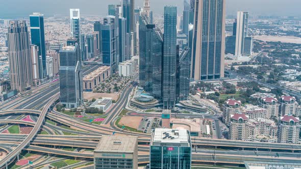 Dubai International Financial Centre District with Modern Skyscrapers Timelapse alt