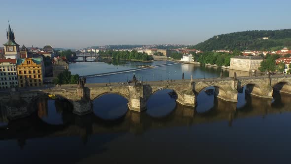 Aerial of Charles Bridge and Bedrich Smetana Museum 