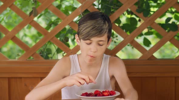 Boy Sitting Outdoors and Enjoying Strawberries