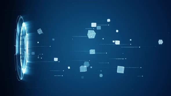 Blue futuristic circle rotation with cube icon levitation on abstract background technology alt