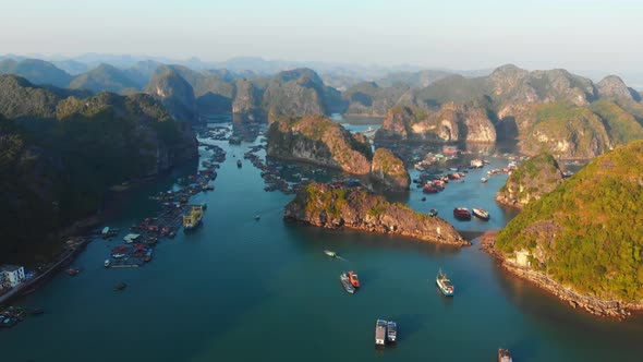 Aerial: Sunset Clear Sky at Cat Ba Island and Lan Ha Bay, the Biggest Island in Ha Long Bay, Vietnam