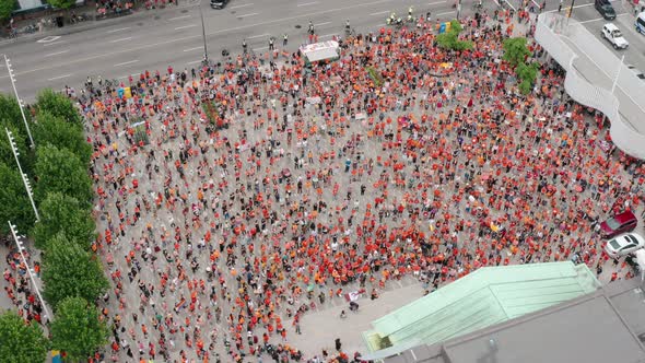 Aerial Overhead View of the Cancel Canada Day Protest at the Vancouver Art Gallery. Cinematic drone alt