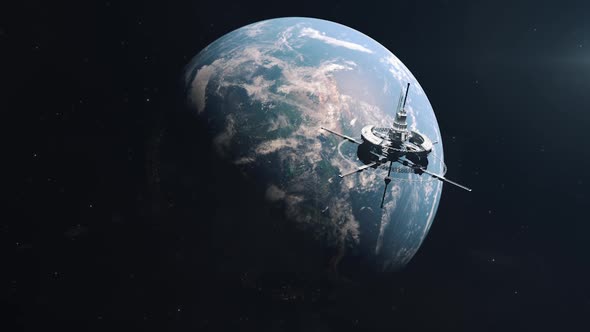 Approaching Earth and Futuristic Spinning Space Station in Orbit