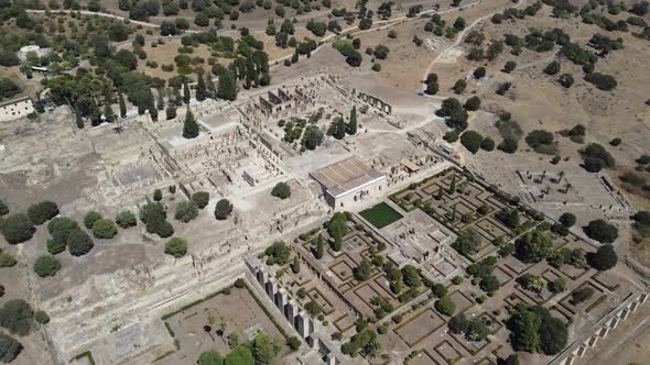 Aerial drone view of the Caliphate City of Medina Azahara in Cordoba. Archaeological site.