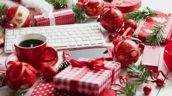 Christmas Symbols Around Devices and Hot Beverage alt