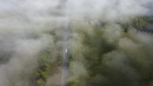 Drone Flight Over the Road High in the Morning Fog alt