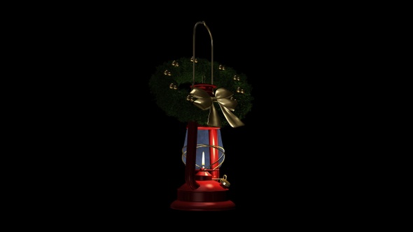Xmas Lantern - Red Lamp, Green Wreath, Golden Bow - Burning and Swinging - RS Loop - Alpha Channel