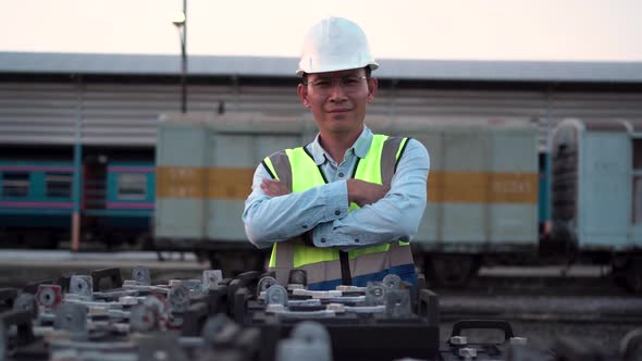 Engineer in waistcoats and hardhats with crossed arms inspecting construction site alt