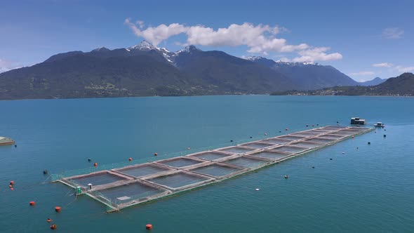 Aerial Salmon Farms at Reloncavi Marine Strait at Llanquihue National Park, Chile, South America