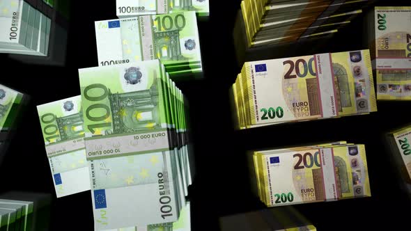 Flight over Euro money banknote packs loop alt