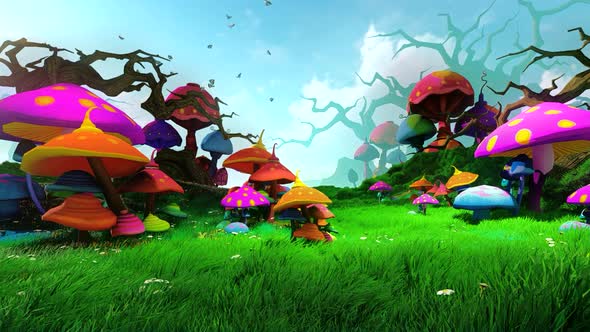 Fantastic Meadow And Neon Mushrooms