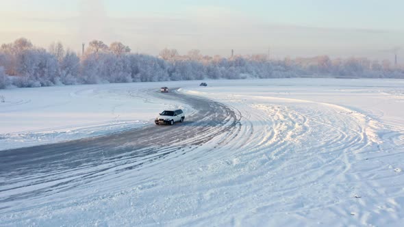 Car Racing in Winter on a Frozen Lake