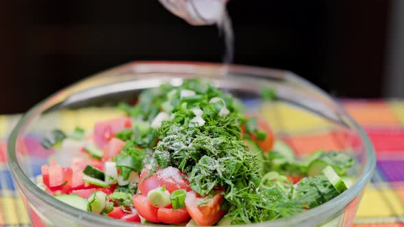 Caucasian Woman Adding Salt and Pepper in Glass Bowl with Vegetable Salad and Mixing It with Steel