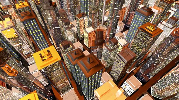 Virtual flight over a 3D animated big City