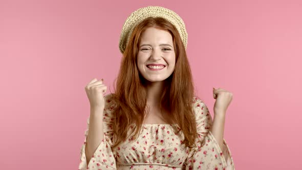 Girl with Beautiful Hair Very Glad and Happy, She Showing Yes Gesture. Excellent News. Surprised alt