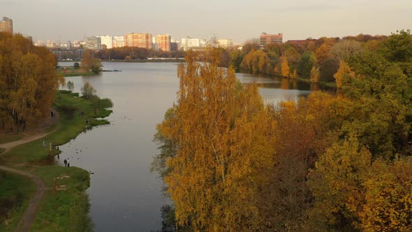 Top View of the Big Garden Pond in Timiryazevsky Park in Autumn Moscow Russia alt