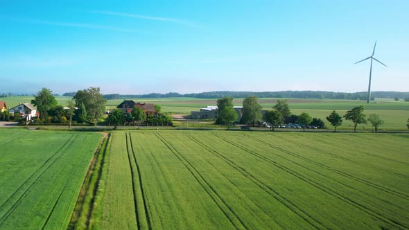 Peaceful farm with windmills, producing electricity. Drone. alt