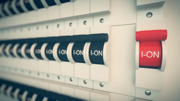 Trip Switch Fuse box. Switches, lights turned off. Electricity Power Circuit alt