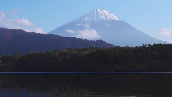 Beautiful scenery of lake Saiko with mountain Fuji in background during autumn in Japan