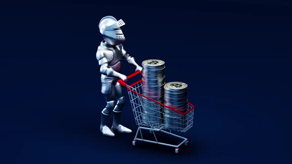 4K fun animation of a knight shopping cryptocurrency alt