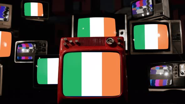 The national flag of Ireland on Retro TVs. 4K.