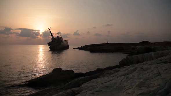 a Ship That Ran Aground at Sunset