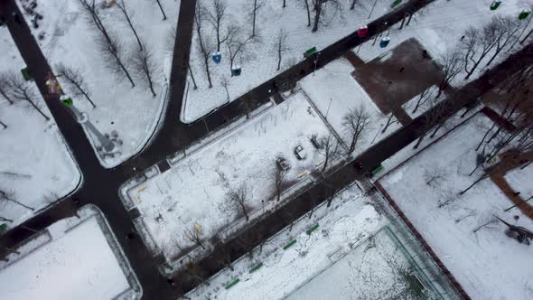 Kharkiv aerial. Cableway cabins in winter park