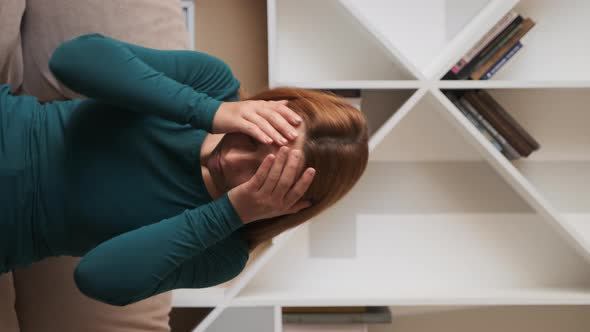 Young Woman Feeling Bad Hurt Upset, Sad Insecure Teen Sitting Alone at Home on Vertical Screen alt