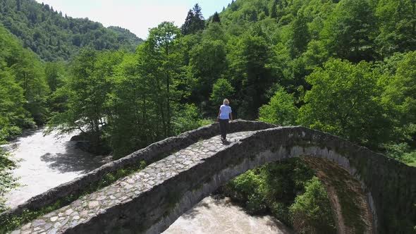 Woman Walking on Historic Stone Bridge in Forest alt