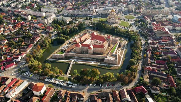 Aerial drone view of the Fagaras, Romania. Fagaras Citadel surrounded by a moat alt