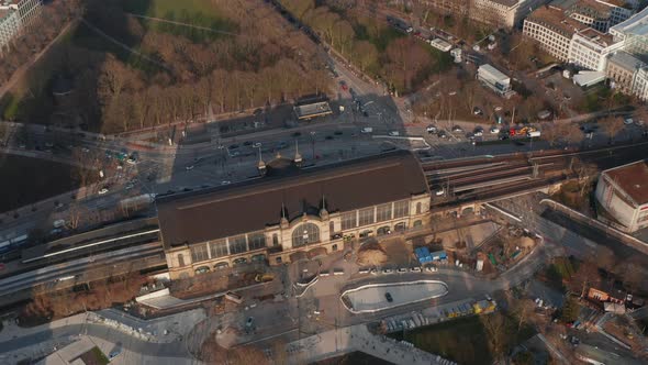 Close Up Aerial View of Dammtor Train Station Building with Railway Tracks in Hamburg City Center alt