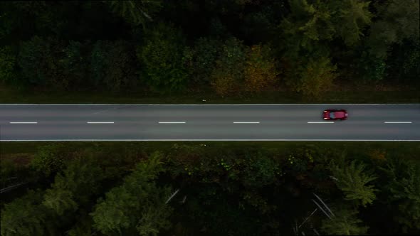 Flying over a red car which is driving fast through a forest landscape in the autumn season alt