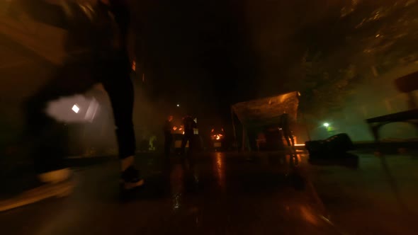 Street Fighters Trainings at Rainy Night Hood Surrounded By Barrels of Fire
