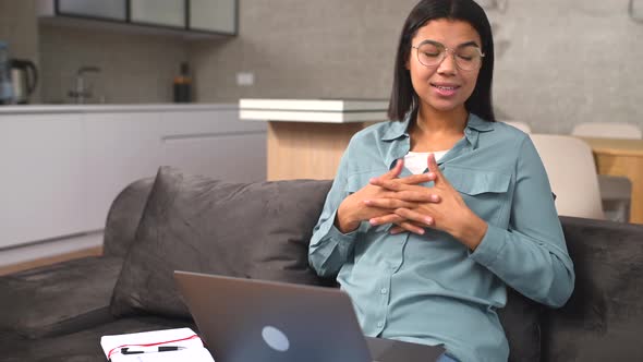 Pleased Multiracial Woman Having Video Call on the Laptop While Sitting on the Couch alt