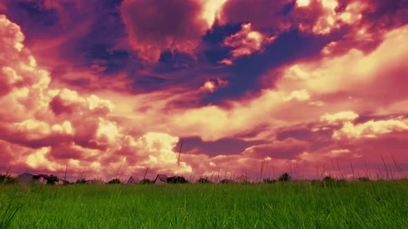 4K green field and cloudy sky