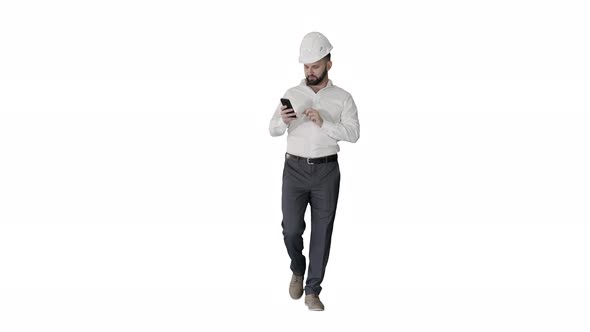 Engineer Walking and Using Smartphone on White Background alt