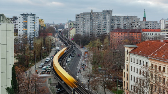 Aerial View Time Lapse of Berlin with traffic flow in Kreuzberg, Berlin, Germany alt