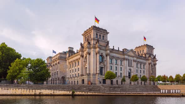 Night to Day Hyper Lapse of Reichstag Building with Spree River, Berlin, Germany