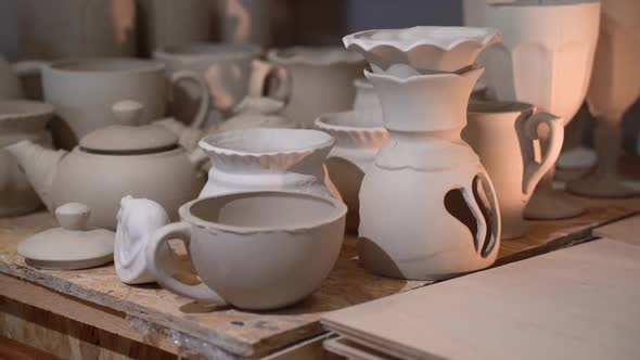 Handmade Pottery in the Workshop. Artworks Just Made  Footage
