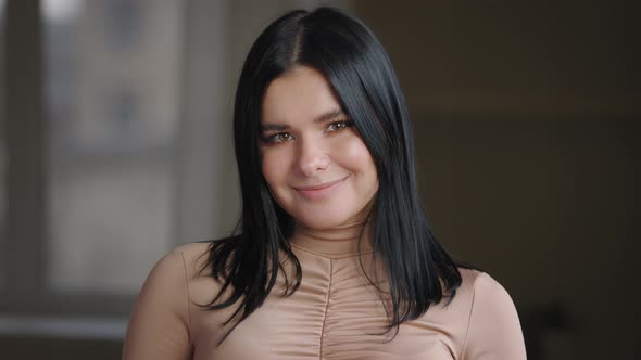 Portrait Ethnic Mexican Spanish Brazilian Woman Millennial Brunette Plus Size Model Posing Looking alt